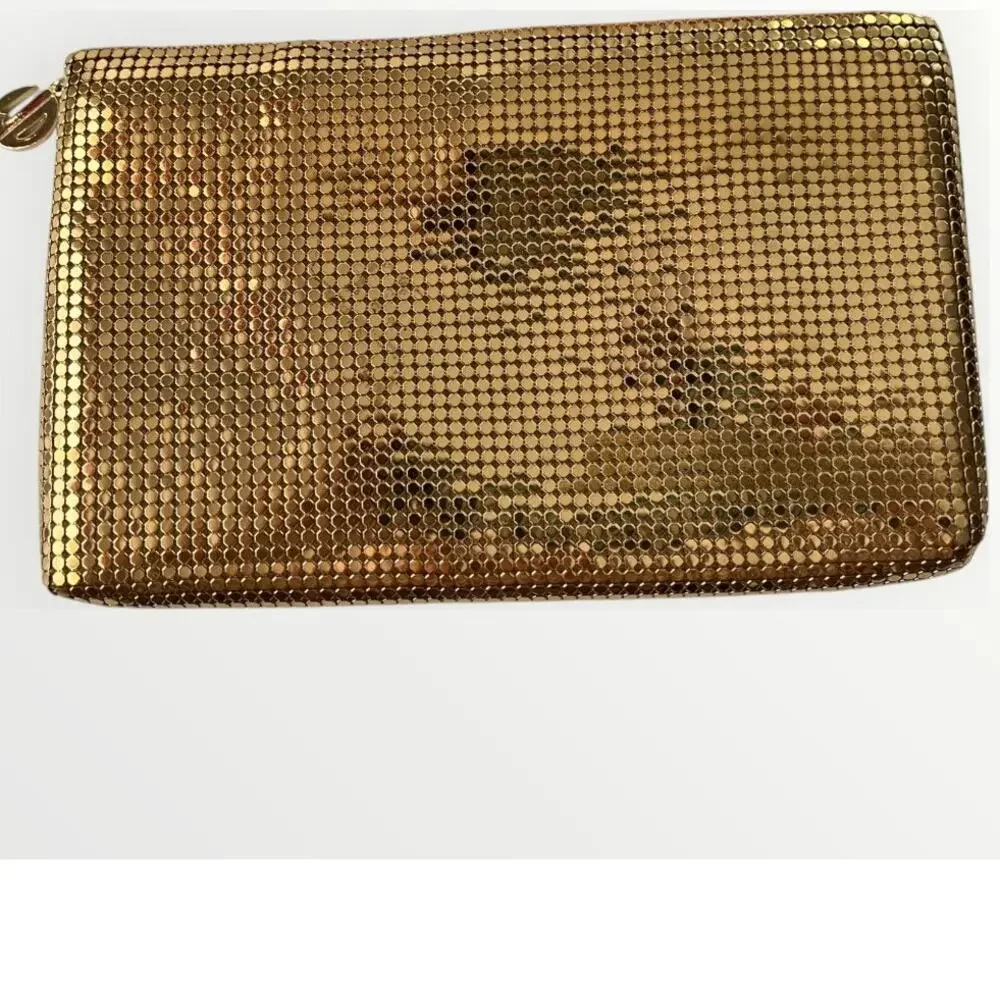 Vintage Whiting and Davis Gold Clutch | Perfect condition | Emblem zipper